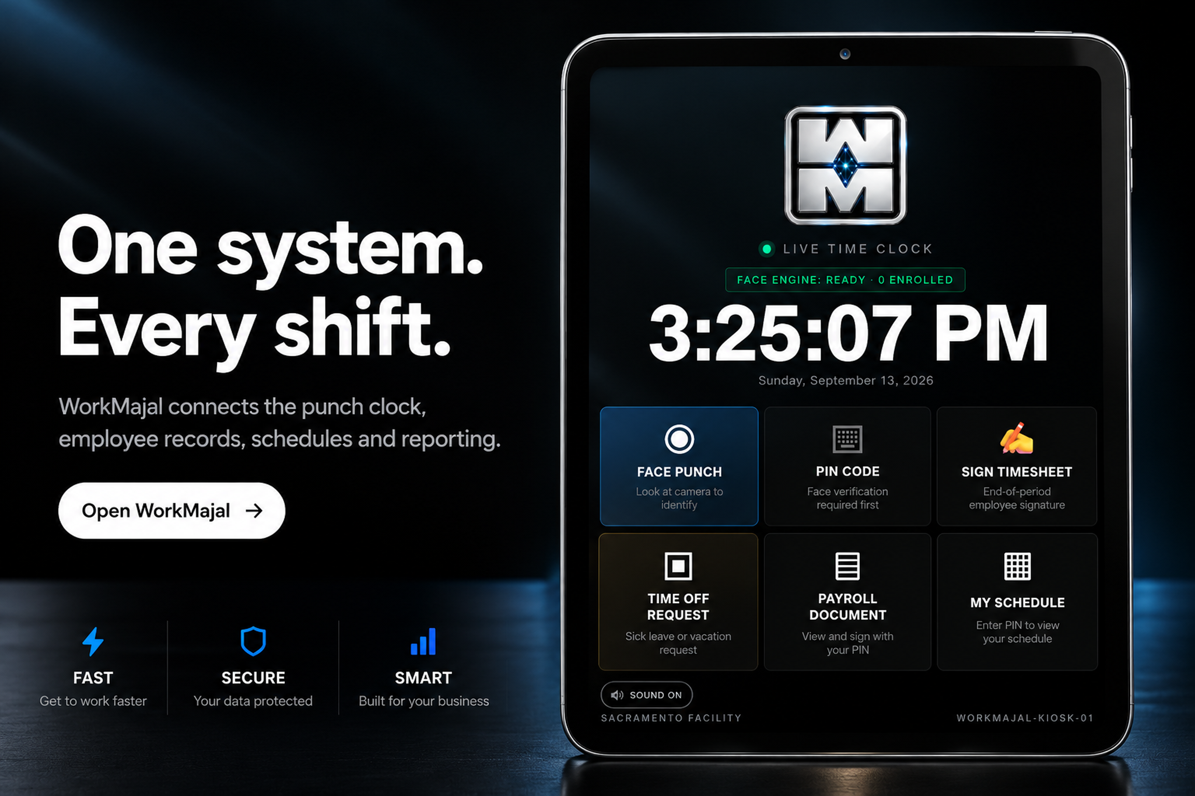 WorkMajal workforce platform displayed on an iPad with front camera